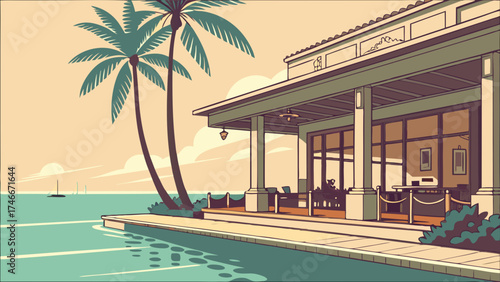 Tropical Coastal Resort Illustration Palm Trees Ocean View and Poolside Restaurant.