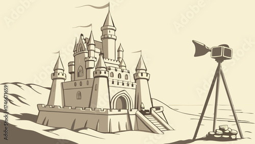 Fairytale Castle Illustration Medieval Fortress Fantasy Architecture Vintage Style Movie Production Storybook Scene.