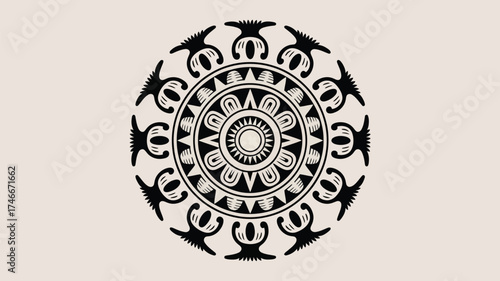 Bold tribal inspired mandala design with intricate details perfect for striking backgrounds, tattoos, or unique textile prints with a classic feel