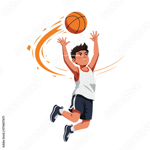 A dynamic illustration captures a young, energetic boy leaping high to play basketball, showcasing youthful athleticism and the joy of sports.