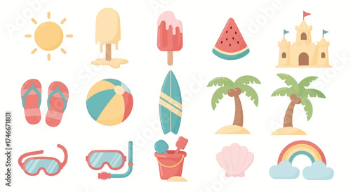 Vector Icons Set of Collection of colorful summer beach vacation flat icons. Vector Illustrations. EPS Editable