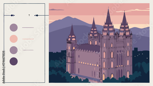 Gothic Architecture Night Scene Mountain View Illuminated Building Purple Hues Spiritual Religious Building Evening Light Detailed Illustration Artistic Render Steeples Towers Windows.