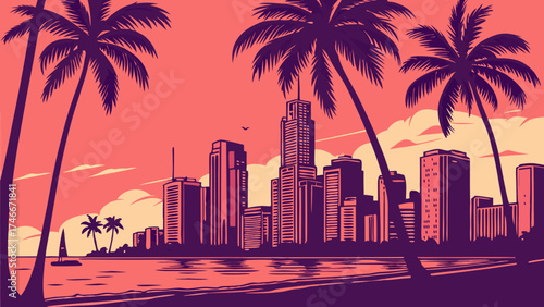 Urban Coastal Sunset with Palm Trees and City Skyline.