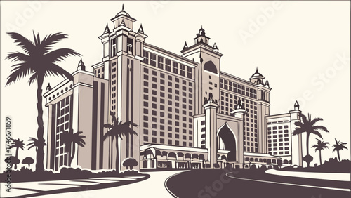 Grand Hotel Illustration Tropical Resort Architectural Design Palm Trees Vacation Destination Luxury Accommodation.