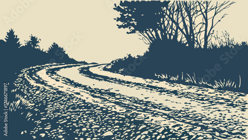 Gravel Road Winding Through a Wooded Area Nature Travel and Adventure Illustration.