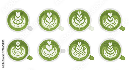 Vector Icons Set of Collection of matcha green tea lattes with beautiful rosetta latte art top view. Vector Illustrations. EPS Editable