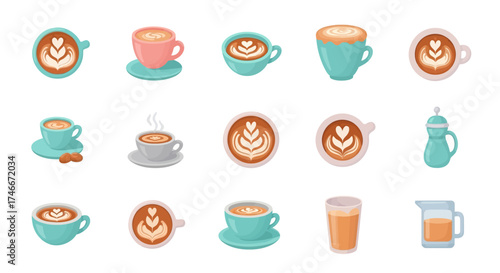 Vector Icons Set of Colorful coffee drink and brewing equipment vector icon set. Vector Illustrations. EPS Editable