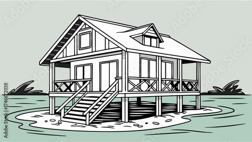 House illustration lake house waterfront home stilt house beach house drawing cottage illustration summer house design vacation home coastal dwelling architectural drawing home design.