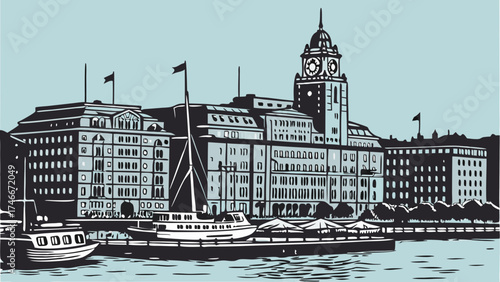 Vintage Cityscape Illustration Harbor View with Clock Tower and Boats.