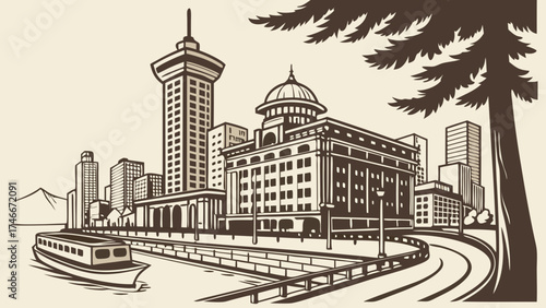 Vintage Cityscape Illustration Waterfront Buildings Boat and Tower.