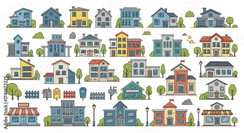 Vector Icons Set of Colorful flat design vector set of various houses and city buildings. Vector Illustrations. EPS Editable