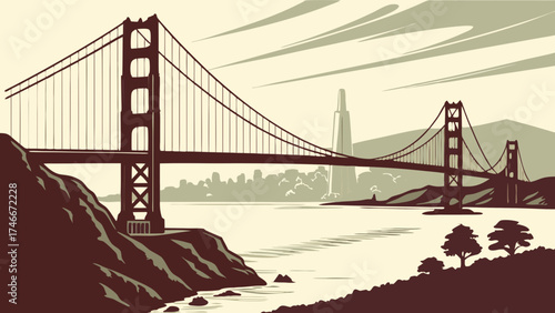 Vintage Style Suspension Bridge over Cityscape and Water Illustration.