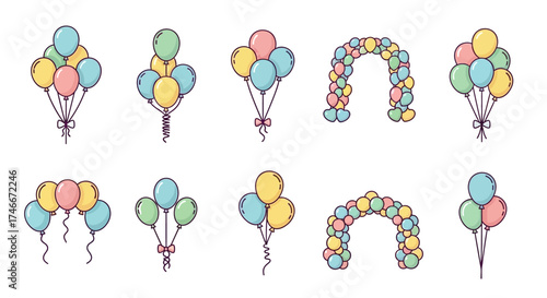 Vector Icons Set of Colorful party balloon decorations set with arches and bouquets vector illustration. Vector Illustrations. EPS Editable