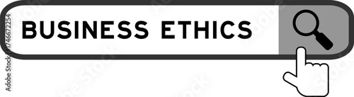 Search banner in word business ethics with hand over magnifier icon on white background