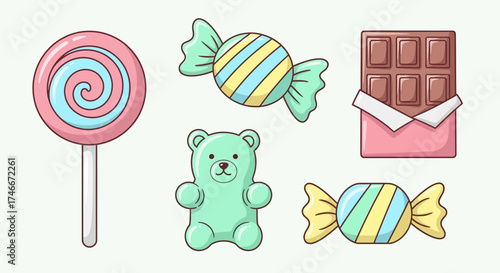 Vector Icons Set of Cute cartoon candy and sweets collection illustration set. Vector Illustrations. EPS Editable