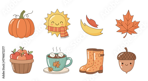 Vector Icons Set of Cute autumn kawaii doodle elements collection set illustration. Vector Illustrations. EPS Editable