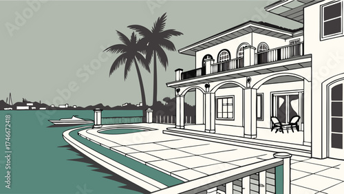 Waterfront luxury house illustration tropical home design pool patio boats palm trees vacation home architecture drawing.