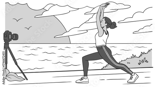 Woman Doing Yoga or Fitness Exercises Outdoors by the Sea Filmed with Camera on Tripod.