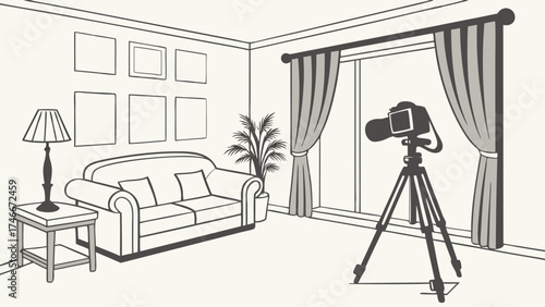 Interior design camera on tripod living room setup photography equipment home studio photo shoot preparation room sketch minimalist illustration modern furniture simple design home deco.