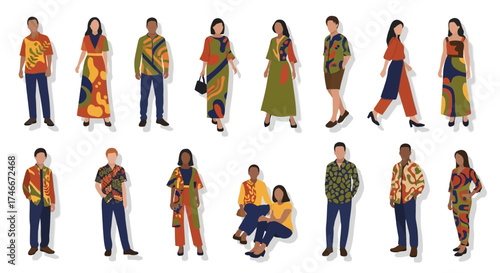 Vector Icons Set of Diverse collection of multicultural people wearing colorful modern batik fashion. Vector Illustrations. EPS Editable