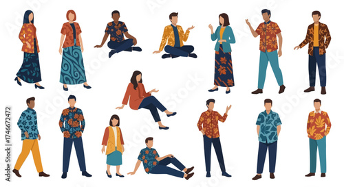Vector Icons Set of Diverse group of people in traditional batik clothing set vector illustration. Vector Illustrations. EPS Editable