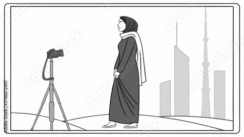 Woman in traditional clothing posing for a photograph with a camera on a tripod against a cityscape background.