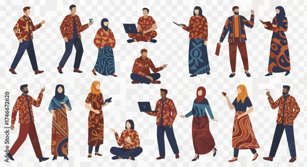 Naklejka premium Vector Icons Set of Diverse Modern People Characters in Traditional Indonesian Batik Clothing. Vector Illustrations. EPS Editable