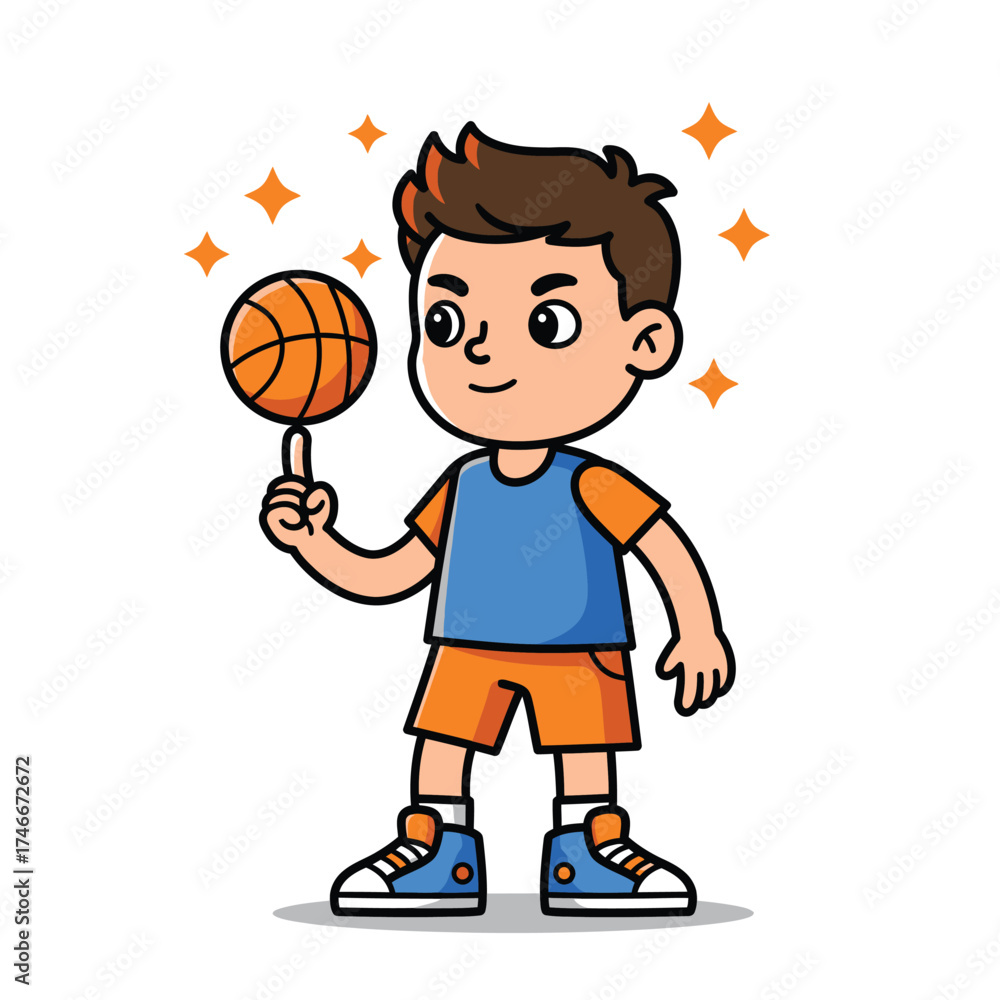 Fototapeta premium A cheerful cartoon boy skillfully balances a vibrant orange basketball on his fingertip, showcasing his playful athletic talent with sparkling enthusiasm.
