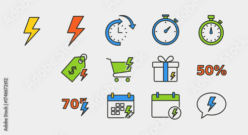Vector Icons Set of Flash sale icon set with lightning bolt and timer symbols for limited time offers and ecommerce promotions. EPS Editable