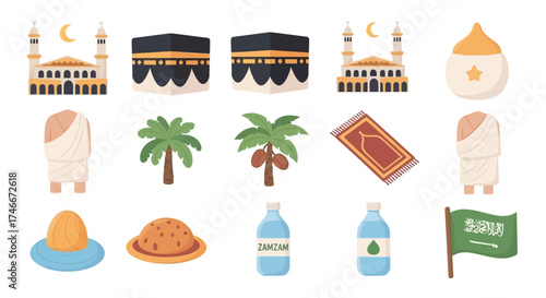Vector Icons Set of Hajj and Umrah Islamic Pilgrimage Vector Icon Collection Set. Vector Illustrations. EPS Editable