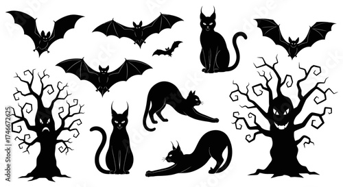 Vector Icons Set of Halloween silhouette set of spooky black cats bats and scary haunted trees. EPS Editable