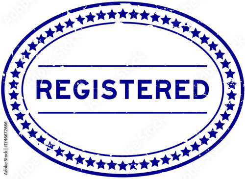 Grunge blue registered word oval seal stamp on white background
