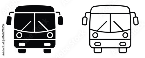 Bus Icon: Simple black bus icon for transportation, travel, public transit, and city navigation.