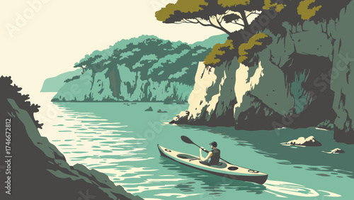 Kayaking through a scenic coastal waterway surrounded by lush green cliffs and tranquil waters.