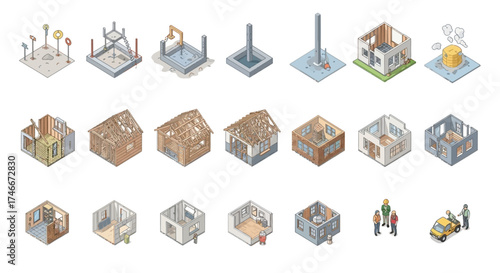 Vector Icons Set of Isometric House Construction Process Step by Step Illustrations Set. Vector Illustrations. EPS Editable