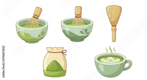 Vector Icons Set of Japanese matcha green tea ceremony equipment set illustration. Vector Illustrations. EPS Editable