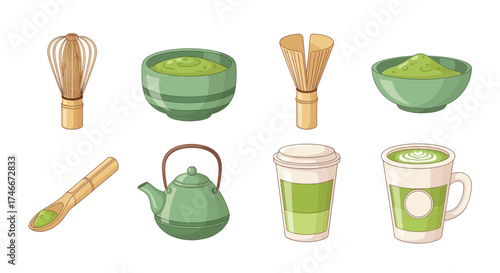 Vector Icons Set of Japanese matcha green tea ceremony tools and drinks set illustration. Vector Illustrations. EPS Editable