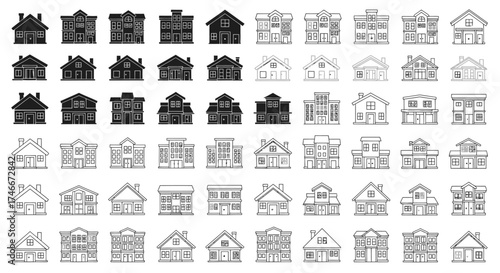 Vector Icons Set of Large collection of building and house icons in silhouette and line art styles. Vector Illustrations. EPS Editable
