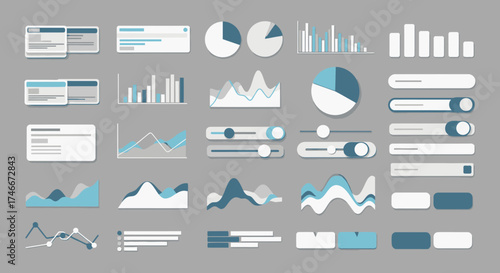 Vector Icons Set of Modern flat design dashboard UI kit with various charts graphs and control elements for data visualization. Vector Illustrations. EPS Editable