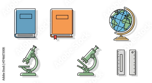 Vector Icons Set of School and Science Education Icons Set with Books Globe Microscope and Rulers. EPS Editable