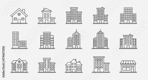 Vector Icons Set of building icons in thin line style. Vector Illustrations. EPS Editable