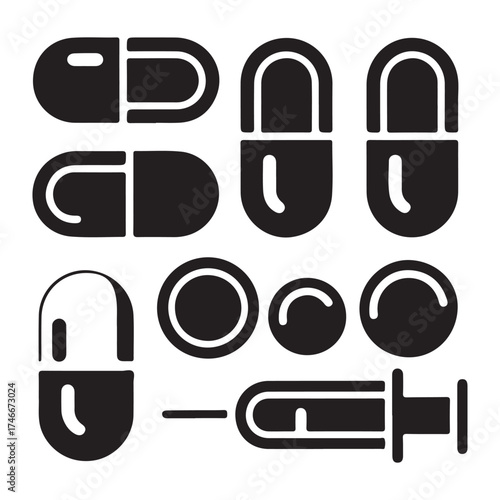 Medical Capsule and Pill Silhouette Icons for Healthcare and Pharmacy Design