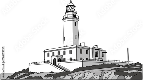 Lighthouse illustration coastal landmark black and white drawing nautical graphic sea beacon cliffside tower seaside illustration maritime symbol coastal architecture ocean view navigat.
