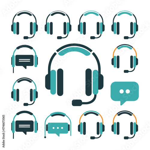 Flat Communication and Headset Icons for Tech Support and Service