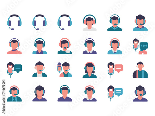 Call Center Operator Avatar Icon Set with Headsets and Microphones