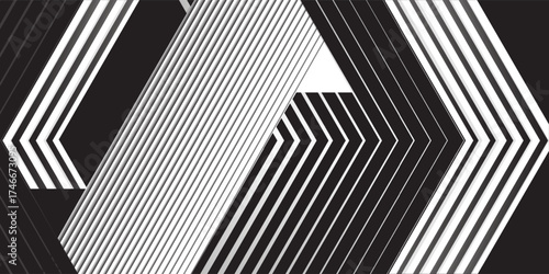 Minimal Black and White Background with Arrow Pointing Right. Striped Transition from Black to White Abstract Strict Lines. Simple Pattern. Vector Illustration.