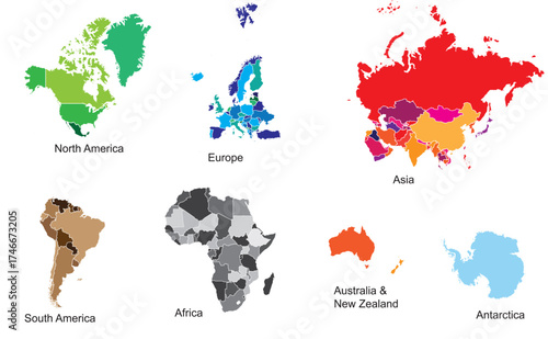 World Continents Political Map Set, Transparent Background (Including Antarctica) Color-Coded