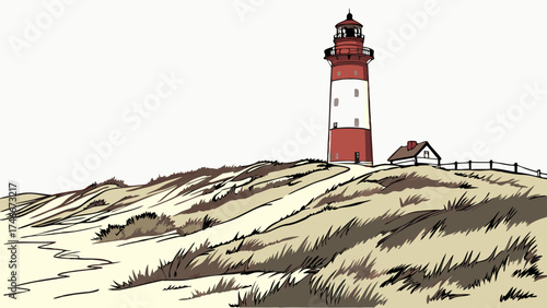 Lighthouse on Coastal Dunes Nautical Illustration Coastal Landscape Seaside Scenery Beacon Illustration Maritime Graphic Tower Illustration.