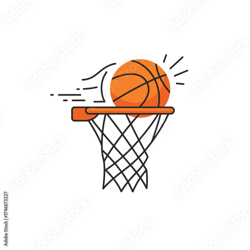 A vibrant orange basketball swiftly descends through a classic hoop and net, illustrating the thrilling moment of scoring in a dynamic game.