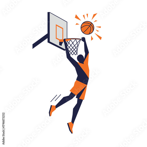A dynamic basketball player in an orange and dark blue uniform executes an impressive slam dunk, embodying athletic prowess and competitive spirit.